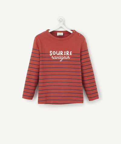Original Days radius - BABY BOYS' RED STRIPED T-SHIRT IN ORGANIC COTTON WITH A MESSAGE