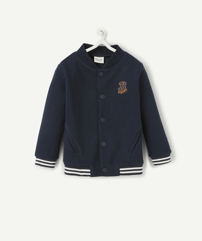 Pullover - Sweatshirt Tao Categories - BABY BOYS' NAVY BLUE VARSITY-STYLE RECYCLED FIBERS CARDIGAN