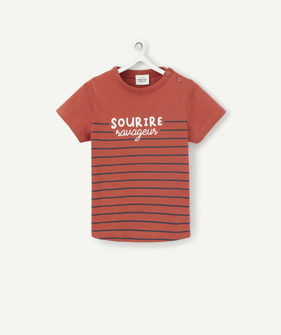 Baby-boy radius - BABY BOYS' RED STRIPED T-SHIRT IN ORGANIC COTTON WITH A MESSAGE