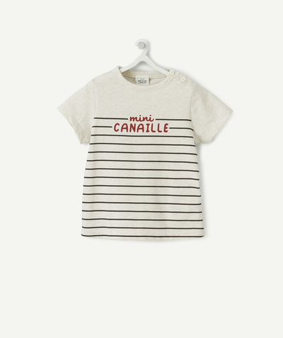 T-shirt Rayon - T-SHIRT GRIS RAYÉ MINI CANAILLE EN COTON BIO BÉBÉ GARÇON