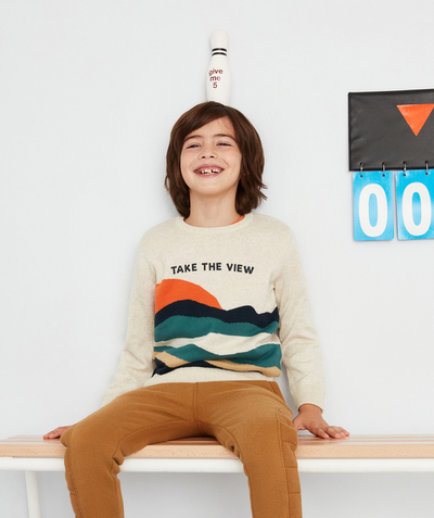 Pullover - Cardigan radius - BOYS' GREY JUMPER WITH COLOURFUL STRIPES AND TAKE THE VIEW MESSAGE