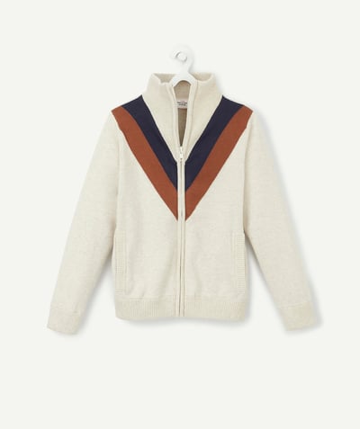 Pullover - Cardigan radius - BOYS' GREY JACKET WITH COLOURED BANDS AND A ZIP