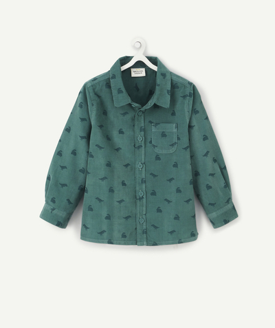 Shirt - Blouse Tao Categories - BABY BOYS' GREEN VELVET EFFECT SHIRT WITH A DINO PRINT