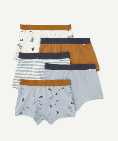 UNDERWEAR  Tao Categories - PACK OF 5 ORGANIC COTTON BOYS' PLAIN AND PLANE PRINT BOXERS