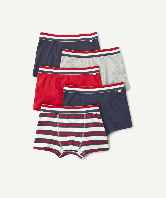 Underwear radius - PACK OF FIVE PAIRS OF BOYS' RED, WHITE AND BLUE ORGANIC COTTON BOXER SHORTS
