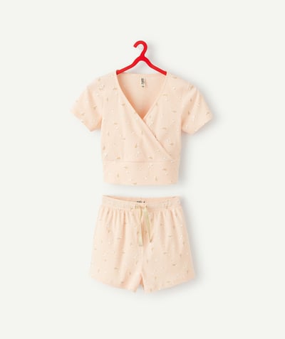 Teen girls' clothing Tao Categories - GIRLS' PINK AND FLOWER-PATTERNED RIBBED COTTON PYJAMAS