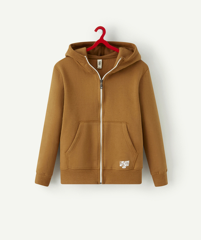 Sportswear Tao Categories - BOYS' RECYCLED COTTON CAMEL CARDIGAN WITH ZIP AND HOOD