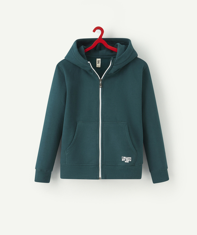 Basics Tao Categories - BOYS' RECYCLED COTTON FOREST GREEN CARDIGAN WITH ZIP AND HOOD