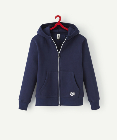 Campus spirit  radius - BOYS' RECYCLED COTTON NAVY BLUE CARDIGAN WITH ZIP AND HOOD