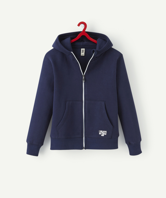 Sportswear radius - BOYS' RECYCLED COTTON NAVY BLUE CARDIGAN WITH ZIP AND HOOD