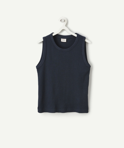 Shirt - Blouse Tao Categories - BOYS' NAVY BLUE SLEEVELESS ORGANIC COTTON T-SHIRT