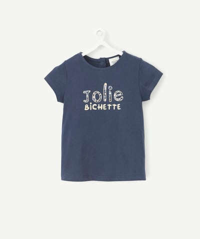Baby-girl radius - NAVY T-SHIRT IN ORGANIC COTTON WITH A FLORAL AND SEQUINNED MESSAGE
