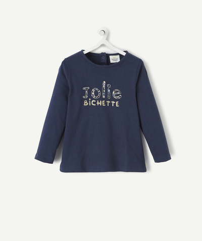 Private sales radius - NAVY BLUE T-SHIRT IN ORGANIC COTTON WITH A FLORAL MESSAGE