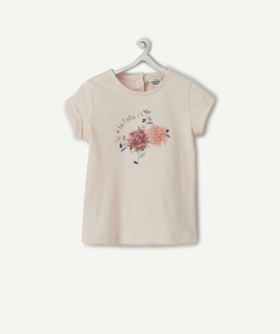T-shirt Rayon - T-SHIRT ROSE EN COTON BIO AVEC FLEURS EN RELIEF BÉBÉ FILLE