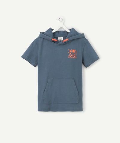 Boy radius - BOYS' BLUE T-SHIRT IN RECYCLED COTTON WITH A HOOD