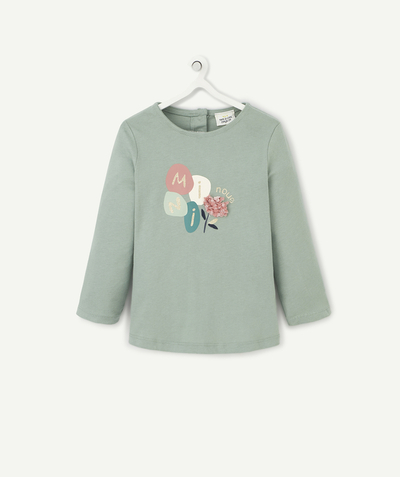 Baby-girl radius - BABY GIRLS' GREEN ORGANIC COTTON T SHIRT WITH A MESSAGE AND A FLOWER IN RELIEF