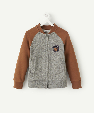 Private sales radius - BOYS' ZIPPED GREY AND CAMEL JACKET IN RECYCLED COTTON WITH A PATCH