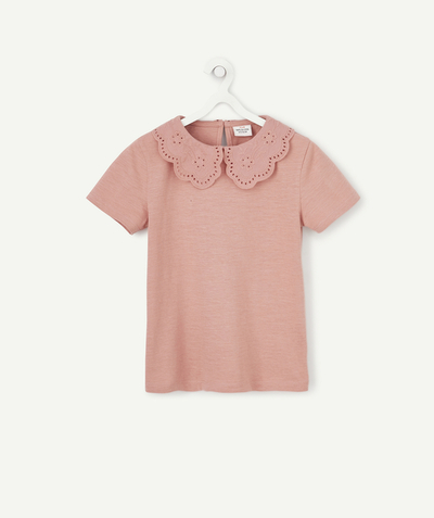 TOP radius - GIRLS' PINK T-SHIRT IN RECYCLED COTTON WITH BRODERIE ANGLAIS