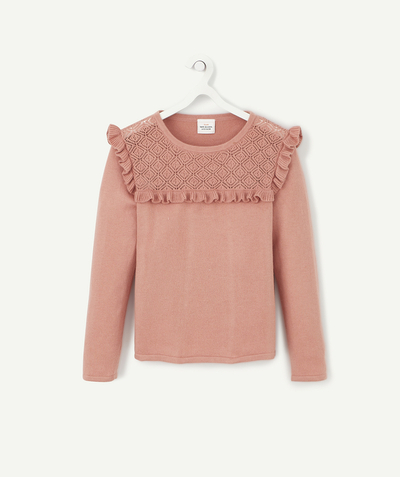 Pullover - Cardigan radius - GIRLS' PINK KNITTED JUMPER WITH CROCHET AND FRILLS