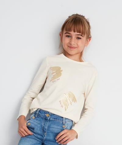 Low prices  radius - GIRLS' WHITE T-SHIRT IN ORGANIC COTTON WITH SEQUINNED BIRDS