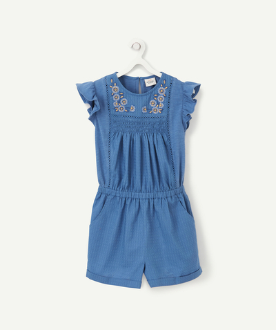 BOTTOMS radius - GIRLS' BLUE PLAYSUIT WITH FRILLS AND GOLDEN EMBROIDERY