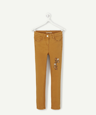 Outlet radius - GIRLS' LÉA SUPER SKINNY OCHRE TROUSERS WITH EMBROIDERED FLOWERS