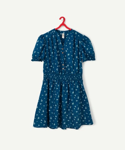 Teen girls' clothing Tao Categories - GIRLS' SHORT-SLEEVED BLUE DRESS WITH A FLORAL PRINT