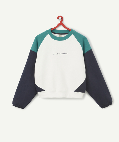 Comfortable fleece radius - GIRLS' ROUND-NECKED SWEATSHIRT IN RECYCLED FIBRES WITH COLOURED SLEEVES