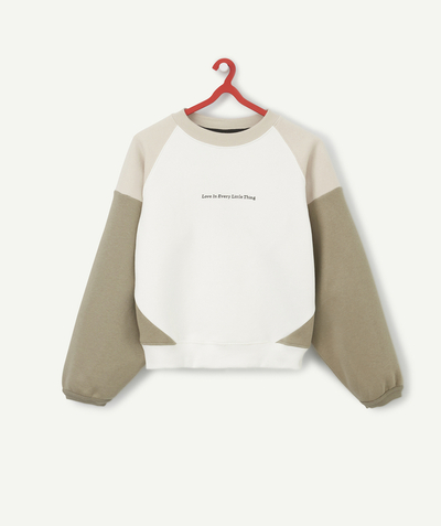 Sweatshirt family - GIRLS' ROUND-NECKED SWEATSHIRT WITH TWO-TONE SLEEVES IN RECYCLED FIBRES