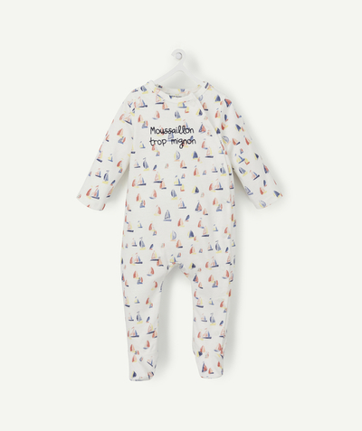 Baby-boy radius - BABY GIRLS' WHITE SLEEPSUIT IN ORGANIC COTTON WITH A BOAT PRINT AND A MESSAGE