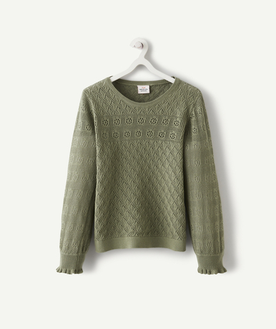 Swetry - Swetry rozpinane Rayon - ZIELONY SWETER Z AŻUROWYM SPLOTEM DLA DZIEWCZYNKI