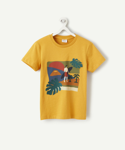 T-shirt  Rayon - T-SHIRT GARÇON JAUNE EN COTON RECYCLÉ THÈME SURF