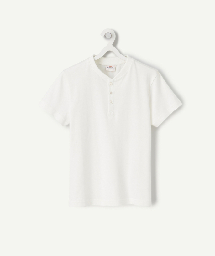Special Occasion Collection radius - BOYS' WHITE ORGANIC COTTON T-SHIRT WITH A GRANDAD COLLAR