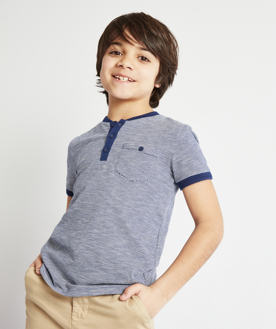 Special Occasion Collection radius - BOYS' BLUE AND WHITE STRIPED T-SHIRT IN ORGANIC COTTON WITH A GRANDAD COLLAR