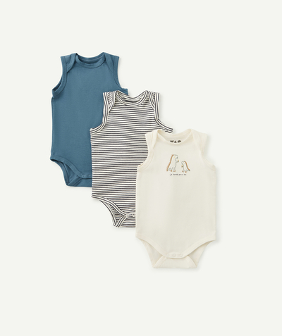 All collection radius - PACK OF THREE ORGANIC COTTON BODYSUITS, SLEEVELESS, PLAIN AND PRINTED