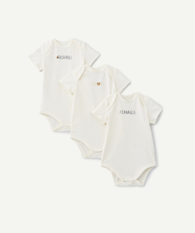 Essentials : 50% off 2nd item* family - PACK OF THREE SHORT-SLEEVED ORGANIC COTTON BODYSUITS WITH MESSAGES