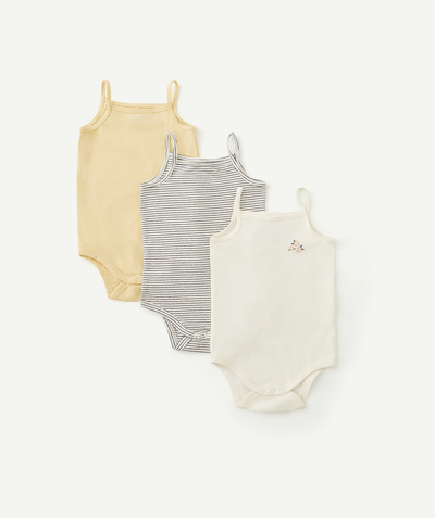 Essentials : 50% off 2nd item* family - PACK OF THREE ORGANIC COTTON BODYSUITS WITH STRAPS, PLAIN AND STRIPED