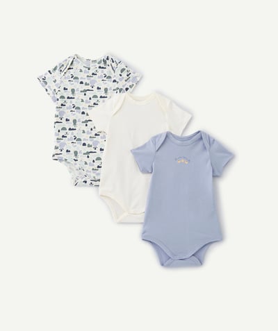 Bodysuit family - PACK OF THREE SHORT-SLEEVED ORGANIC COTTON BODYSUITS, BLUE AND WHITE