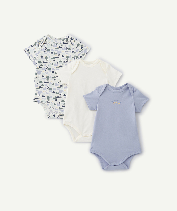 Essentials : 50% off 2nd item* family - PACK OF THREE SHORT-SLEEVED ORGANIC COTTON BODYSUITS, BLUE AND WHITE