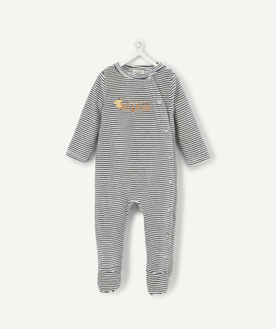 Sleepsuit - Pyjamas radius - BABIES' STRIPED BLUE AND WHITE VELVET SLEEPSUIT IN ORGANIC COTTON WITH A MESSAGE