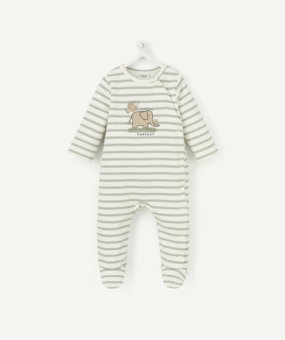Sleepsuit - Pyjama radius - BABIES' WHITE GREEN STRIPED SLEEPSUIT WITH A FUN MOTIF