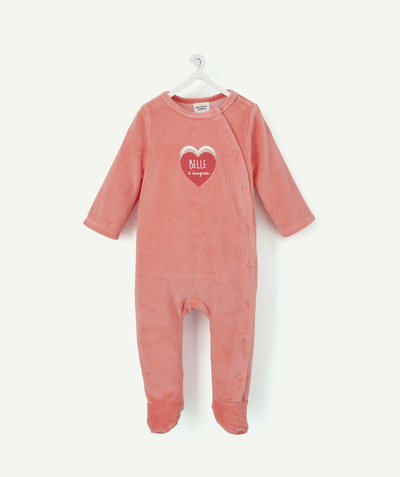 Essentials : 50% off 2nd item* family - BABIES' PINK VELVET SLEEPSUIT IN ORGANIC COTTON WITH A FLOCKED HEART