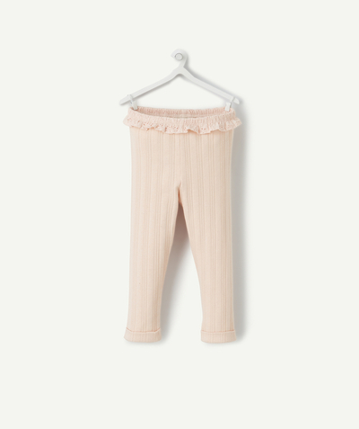 Leggings - Treggings family - PINK RIBBED LEGGINGS WITH BRODERIE ANGLAIS DETAILS