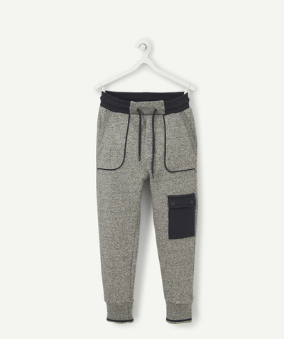 Comfortable fleece radius - BOYS' GREY SPECKLED AND BLUE JOGGING PANTS IN RECYCLED COTTON