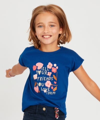 Tee-shirt radius - GIRLS' ELECTRIC BLUE FLOCKED T-SHIRT IN ORGANIC COTTTON