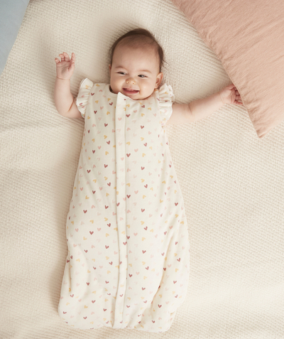 Baby-girl radius - CREAM VELVET BABY SLEEPING BAG IN RECYCLED FIBRES WITH HEARTS