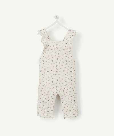 Private sales radius - CREAM AND FLORAL DUNGAREES IN ORGANIC COTTON WITH FRILLY STRAPS