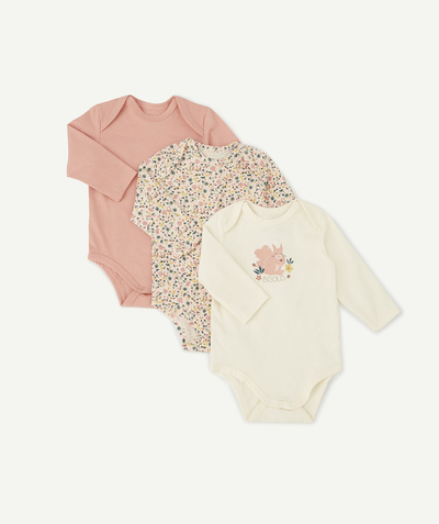 Essentials : 50% off 2nd item* family - PACK OF THREE BABIES' LONG SLEEVED PINK FLORAL BODYSUITS IN ORGANIC COTTON