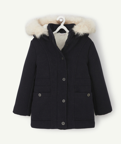 Coat - Padded jacket - Jacket radius - GIRLS' NAVY BLUE SEQUINNED HOODED COAT