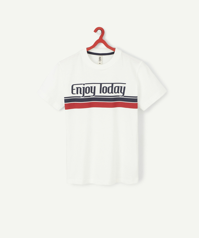 T-shirty - Koszulki Rayon - BIAŁY FLOKOWANY T-SHIRT ENJOY TODAY Z BAWEŁNY EKOLOGICZNEJ DLA CHŁOPCA